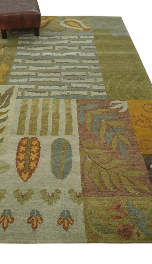 Floral Geometrical Hand Knotted Olive, Ivory, Brown and Teal 5x8 ft Bedroom, Living Room Rug Wool Area Rug