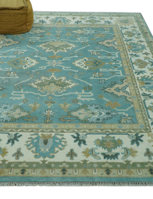 Custom Made Aqua, Beige, Gray And Ivory Traditional Oushak Hand Knotted Wool Area Rug