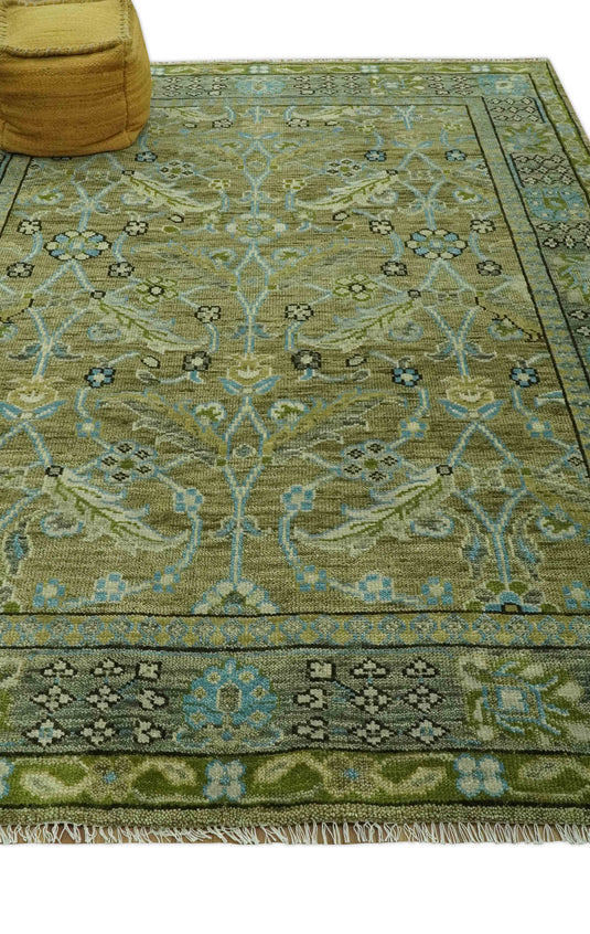 Hand Knotted Green, Grey And Blue Traditional Floral Wool Rug 8x10 ft Ideal for Living, Bedroom And Dining Rooms