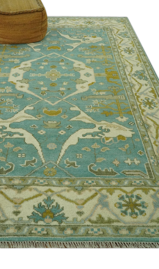 Hand Knotted Oriental Oushak Aqua, Olive And Ivory Rug 6x9 ft Ideal for Living, Bedroom And Dining Rooms | CP38345