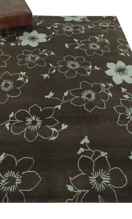 Floral Handloom Brown and Ivory 5.9x7.8 ft Bedroom, Living Room Rug Wool Area Rug