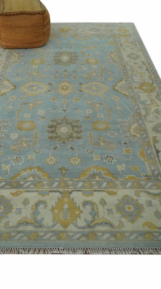 Custom Made Hand Knotted Traditional Oushak Blue, Beige, Gray And Gold Wool Area Rug