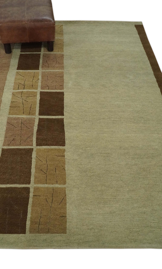Modern Geometrical Hand knotted Olive, Brown and Beige 4x6 ft Bedroom, Living Room Rug Wool Area Rug