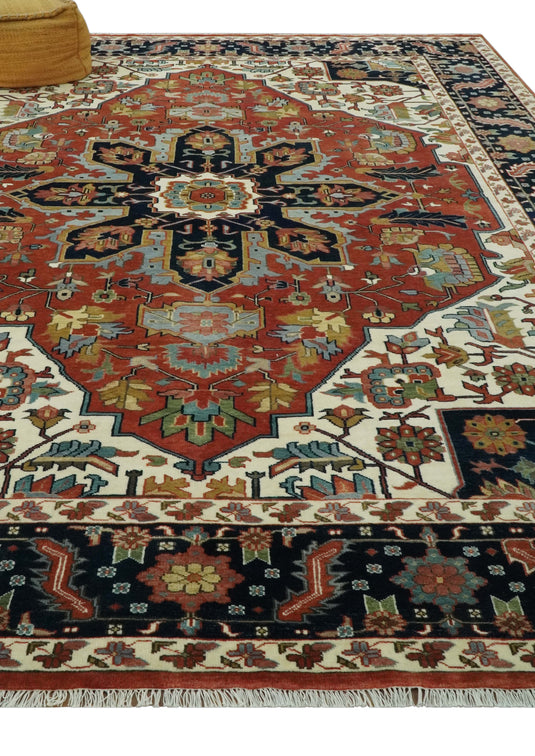 Hand Knotted Black, Ivory, Olive And Rust Traditional Wool Rug 9x12 ft Ideal for Living, Bedroom And Dining Rooms | CP2473912