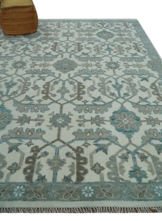 Traditional Oriental Oushak Hand knotted Ivory and Teal 8x10 ft Bedroom, Living Room Rug ,wool Area Rug
