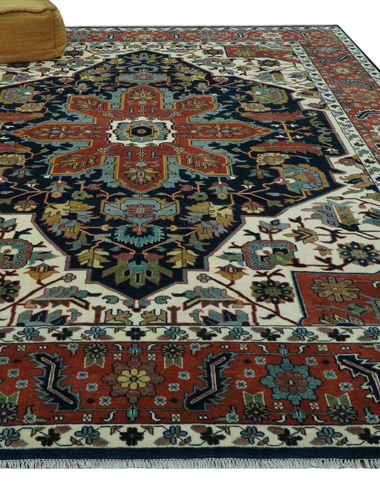 Hand Knotted Ivory, Black And Rust Traditional Floral Wool Rug 9x12 ft Ideal for Living, Bedroom And Dining Rooms | CP2471912