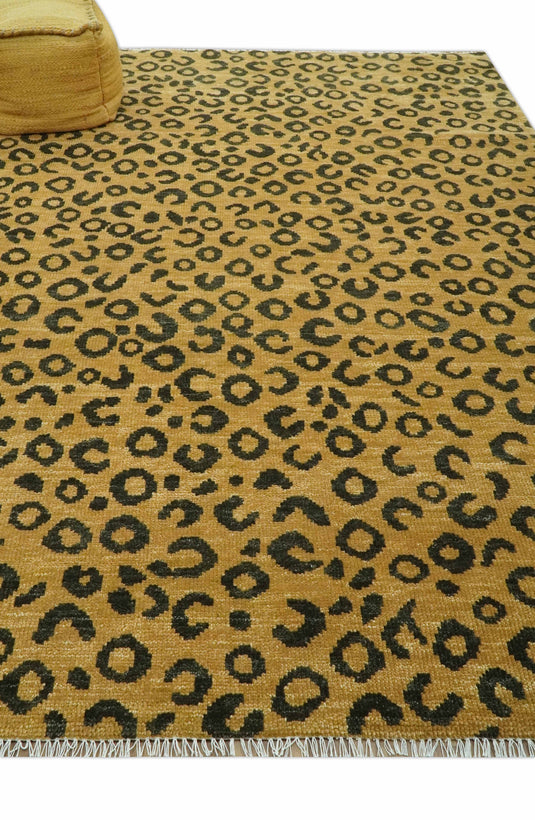 Golden-Brown And Charcoal Modern Leopard Hand Knotted Wool Rug 8x10 ft Ideal for Living, Bedroom And Dining Rooms
