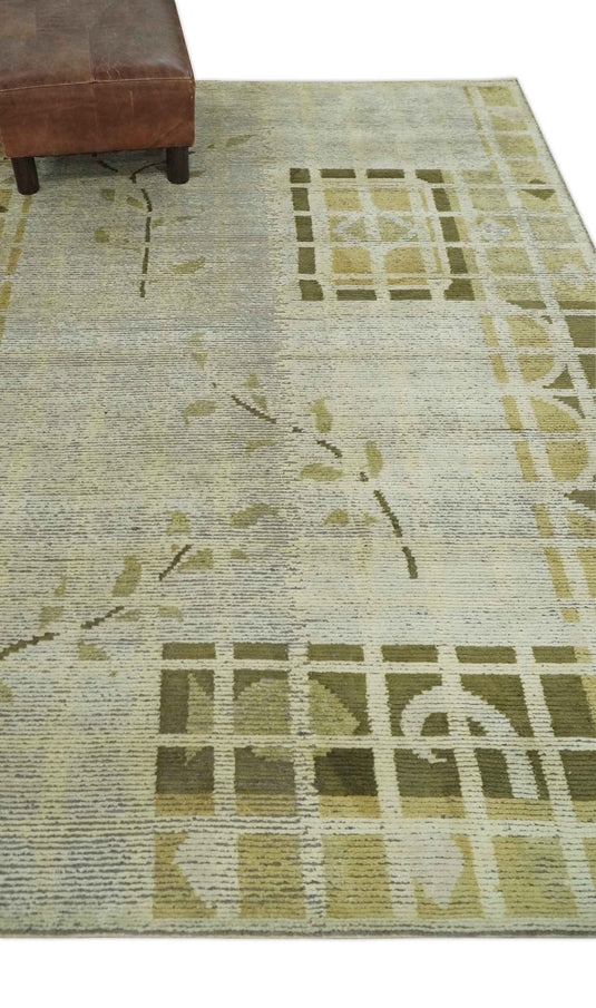 Modern Geometrical Floral Hand Knotted Olive and Ivory 4x6 ft Bedroom, Living Room Rug Wool and Art Silk Area Rug