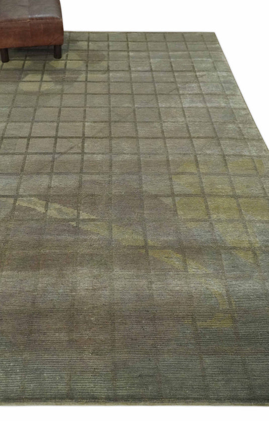 Modern Geometrical Hand Knotted Olive, Brown and Beige 5x8 ft Bedroom, Living Room Rug Wool and Art Silk Area Rug