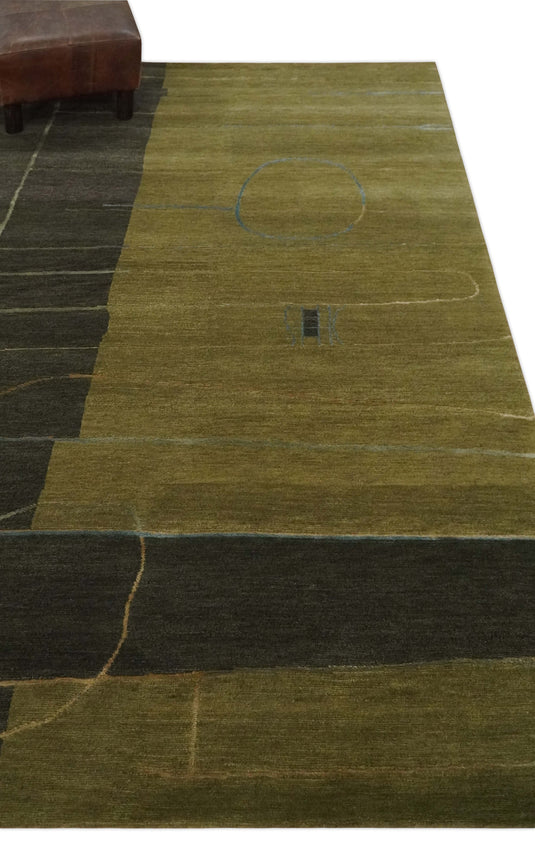 Modern Geometrical Hand Knotted Olive and Charcoal 5x8 ft Bedroom, Living Room Rug Wool and Viscose Area Rug