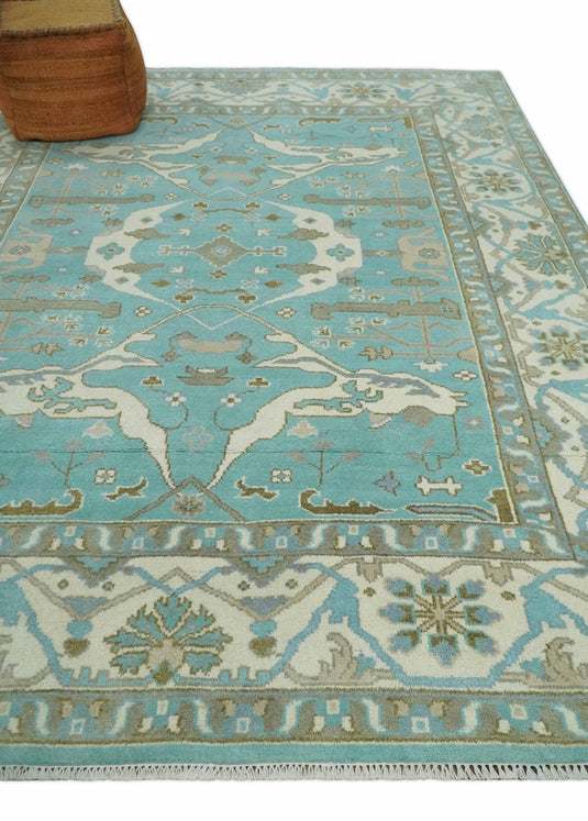 8x10 Aqua, Ivory and Charcoal Hand Knotted Oriental Oushak Wool Area Rug