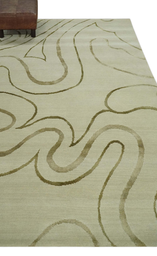 Swirl Pattern Hand Knotted Beige and Olive 5x8 ft Bedroom, Living Room Rug Wool and Art Silk Area Rug