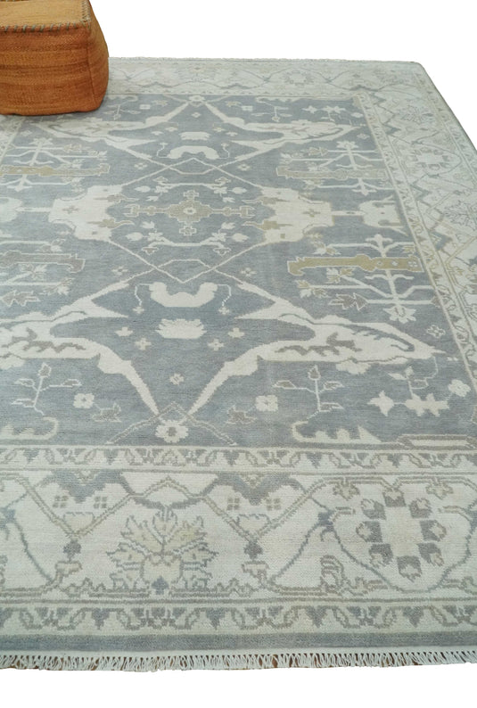 Traditional 8x10 Hand Knotted Charcoal, Ivory and Beige Oriental Oushak Wool Area Rug