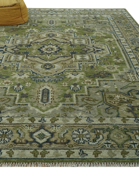 Custom Made Traditional Hand Knotted Green, Silver And Charcoal Wool Area Rug