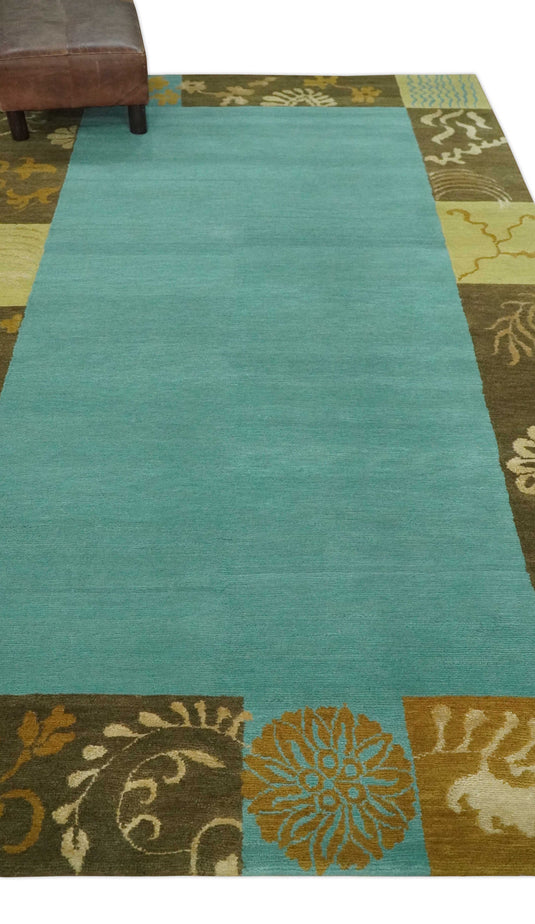 Traditional Floral Border Pattern Hand knotted Aqua Green and Brown 5x8 ft Bedroom, Living Room Rug , Wool Silk Area Rug AAOC358