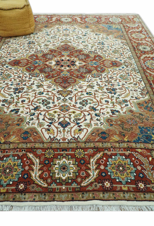 Hand Knotted Traditional Herati Ivory, Rust, Blue And Gold Wool Rug 8x10 ft Ideal for Living, Bedroom And Dining Rooms | CP2427810