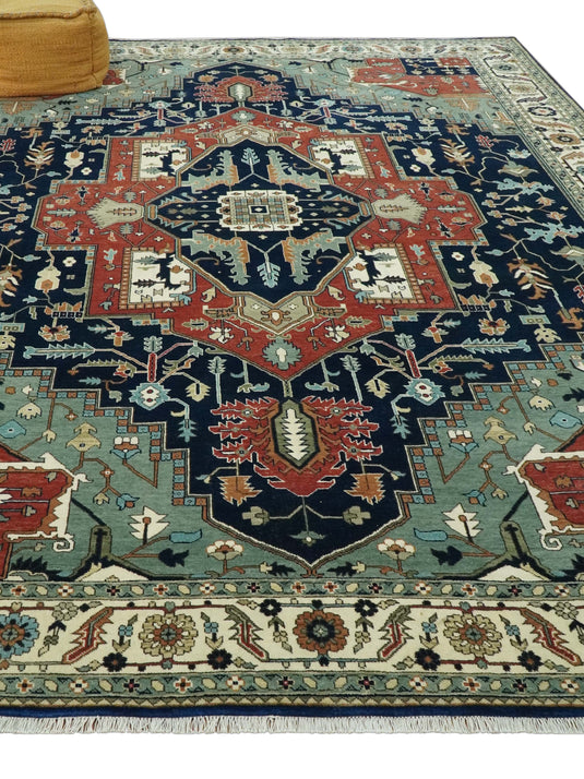 Black, Rust, And Green Traditional Serapi Hand Knotted Wool Rug 9x12 ft Ideal for Living, Bedroom And Dining Rooms | CP1811912B