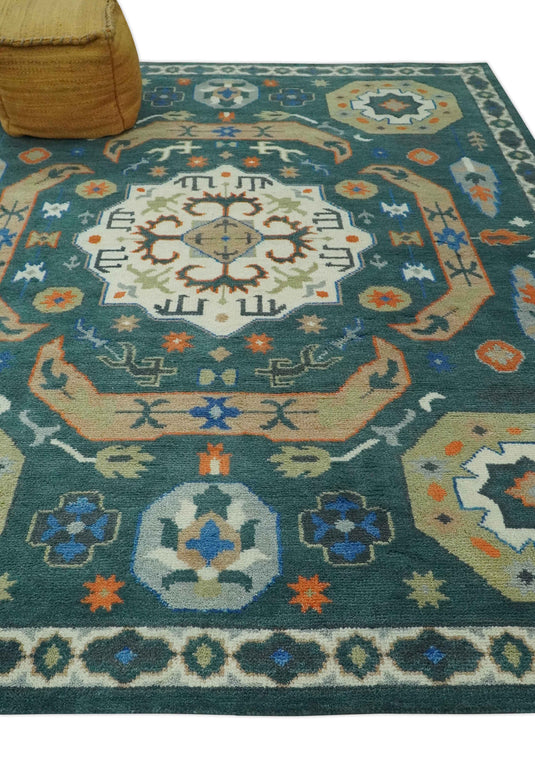 Central Medallion Teal, Beige, Olive And Blue Hand Knotted 8x10 ft wool Area Rug