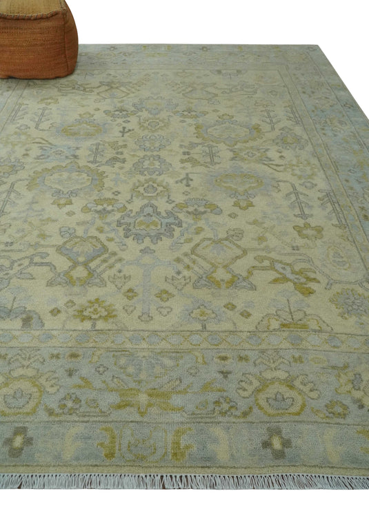 Antique Finish Beige and Silver Hand knotted 8x10 Oushak wool Area Rug