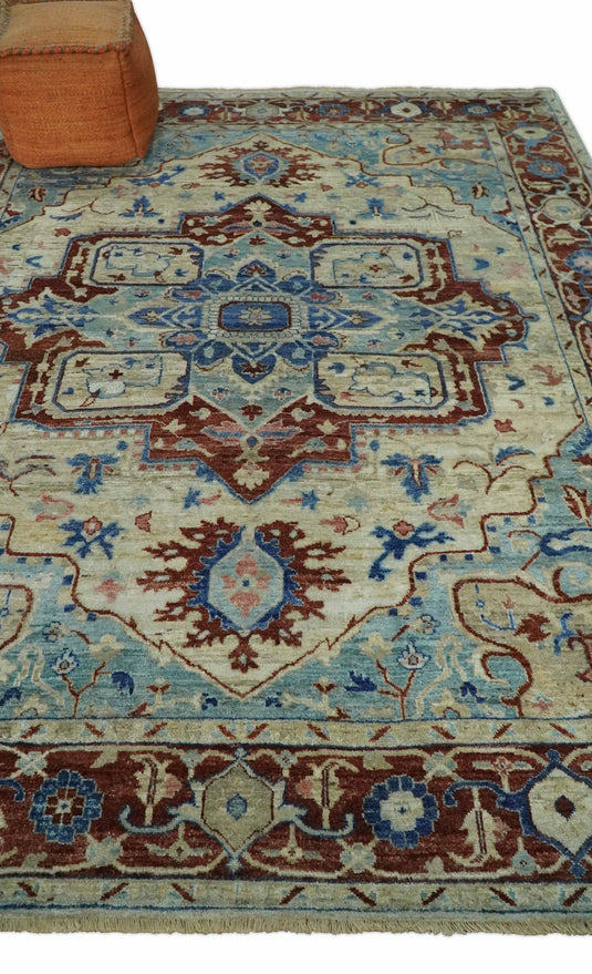Heriz Serapi Blue, Brown And Ivory Hand Knotted 8x10 ft Bedroom, Living Room Rug Wool Area Rug