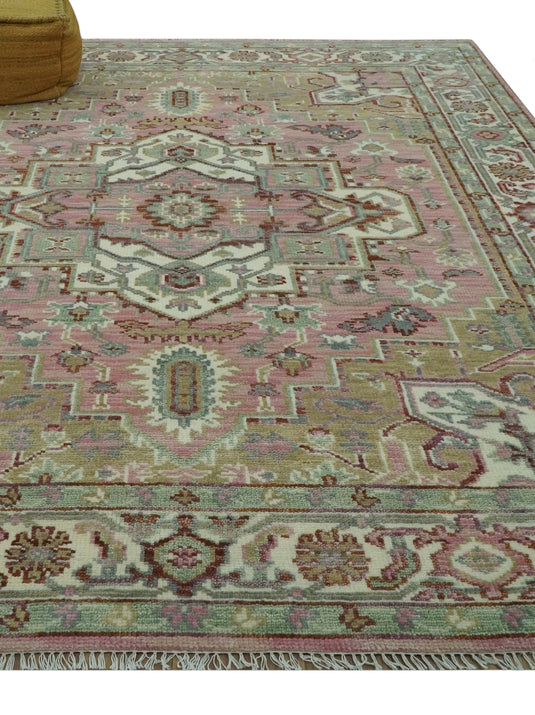 Custom Made Traditional Heriz Pink, Olive And Ivory Hand Knotted Wool Area Rug