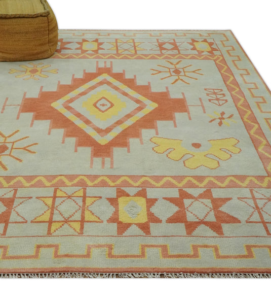 Southwestern Peach, Silver And Yellow Hand knotted Wool Rug 8x10 ft Ideal for Living, Bedroom And Dining Rooms