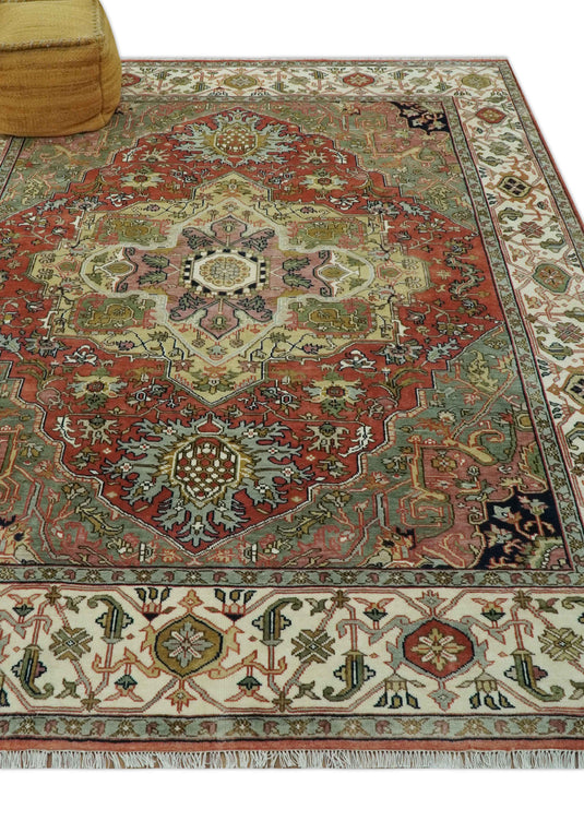 Hand Knotted Traditional Herati Green, Peach, Black, Ivory And Rust Wool Rug 8x10 ft Ideal for Living, Bedroom And Dining Rooms | CP2448810