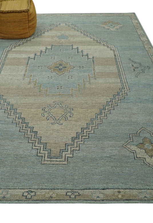 Blue and Beige Traditional Turkish Design Hand Knotted 8x10 ft Bedroom, Living Room Rug Wool Area Rug