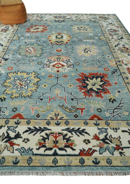 Vibrant Colorful Blue and Ivory Traditional Floral Hand knotted Oushak wool Area Rug