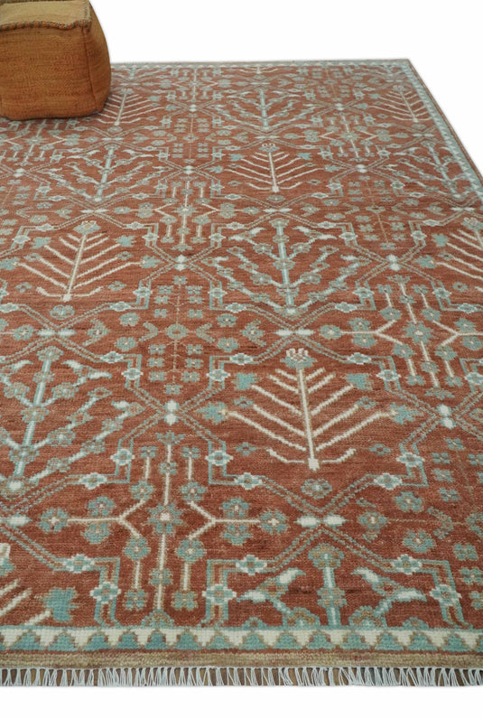 Turkish Floral Rust and Aqua Hand knotted 8x10 wool Area Rug
