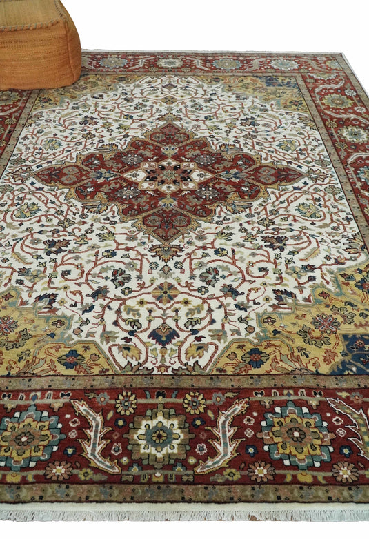 Premium look Hand knotted Ivory, Rust and Gold 8x10 Traditional Heriz Serapi wool Area Rug