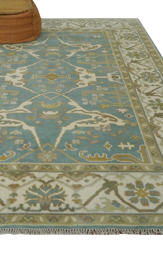 Hand Knotted Classic Oushak Teal, Beige And Ivory Wool Rug 6x9 ft Ideal for Living, Bedroom And Dining Rooms | CP235669