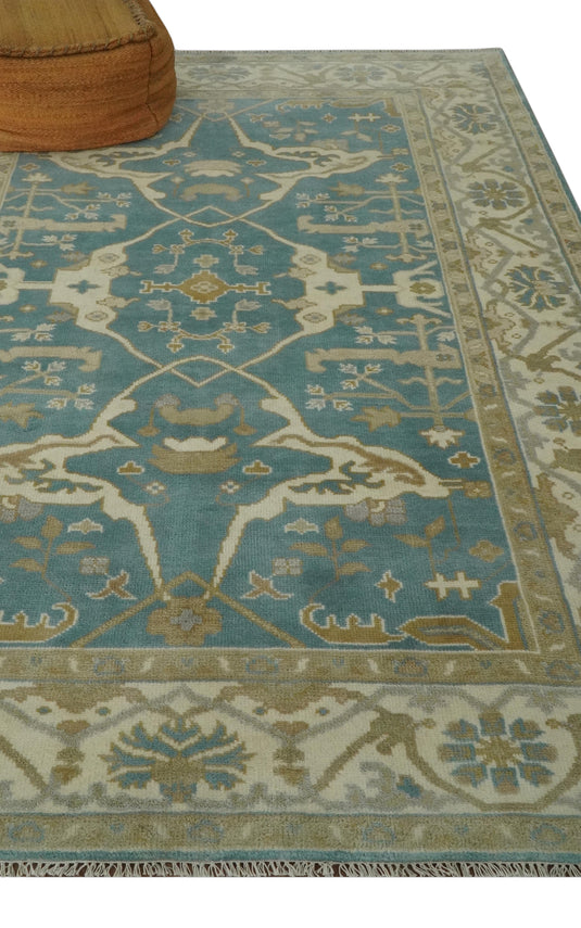 Custom Made Hand Knotted Classic Oushak Beige, Ivory And Dark Teal Wool Area Rug