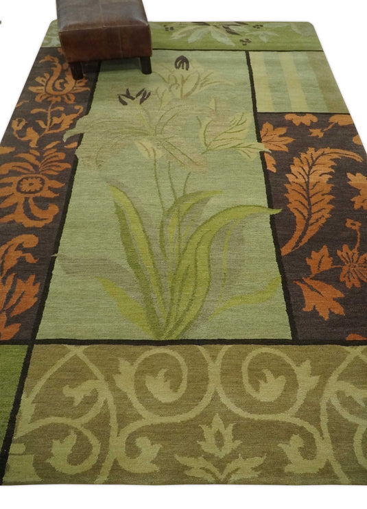 Traditional Leaf Block Print Design Brown, Green, Rust and Olive Handloomed 5x8 ft Bedroom, Living Room Rug Wool Area Rug