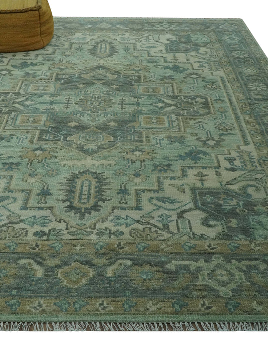 Custom Made Traditional Heriz Green, Silver And Taupe Antique Style Hand Knotted Wool Area Rug