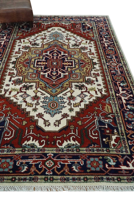Hand Knotted Heriz Serapi Rug Ivory, Rust and Navy Blue 5x8 ft Ideal for Living, Bedroom, and Dining Rooms | CP189458S
