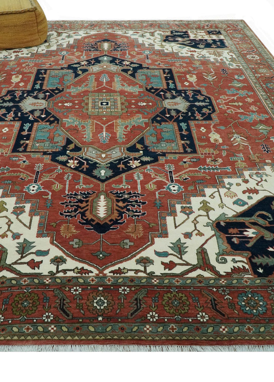 Hand Knotted Traditional Heriz Rust, Black, Blue And Ivory Wool Rug 9x12 ft Ideal for Living, Bedroom And Dining Rooms | CP1959912