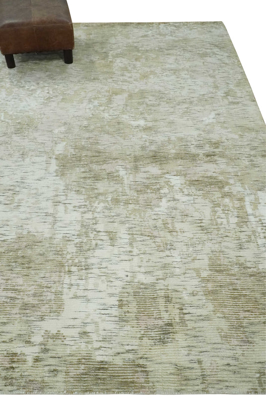 Modern Abstract Olive Green, Ivory And Charcoal Handloom 5x8 ft Bedroom, Living Room Rug Wool And Viscose Area Rug