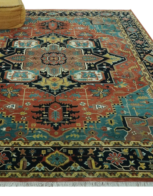 Hand Knotted Traditional Herati Teal, Black, Rust And Gold Wool Rug 8x10 ft Ideal for Living, Bedroom And Dining Rooms | CP2455810