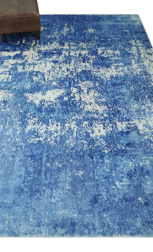 Modern Abstract Blue And Ivory Handloom 5.6x8 ft Bedroom, Living Room Rug Wool And Viscose Area Rug