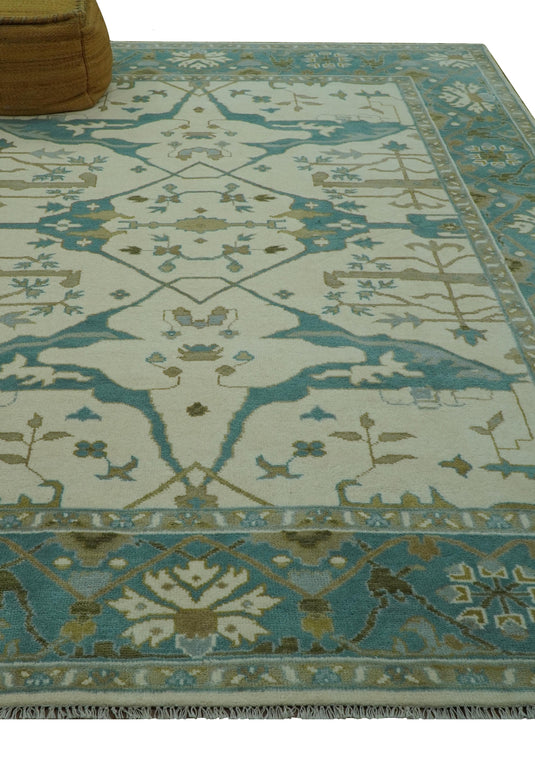 Traditional Oushak Traditional Oushak Ivory, Aqua, And Gray Hand Knotted Wool Rug 8x10 ft Ideal for Living, Bedroom And Dining Rooms