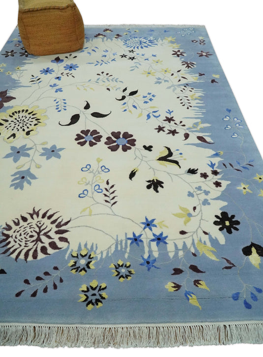 Floral Pattern Ivory, Light Blue, Brown And Charcoal Hand Knotted 6.6x10 ft Bedroom, Living Room Rug Wool Area Rug