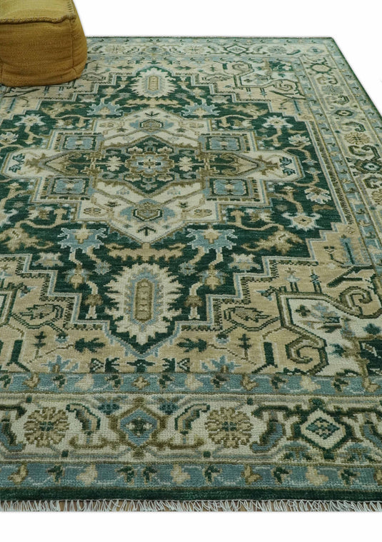 Custom Made Green, Beige And Ivory Traditional Heriz Hand Knotted Wool Area Rug