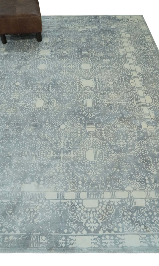 Traditional Gray And Ivory Handloom 5.5x8 ft Bedroom, Living Room Rug Wool And Viscose Area Rug
