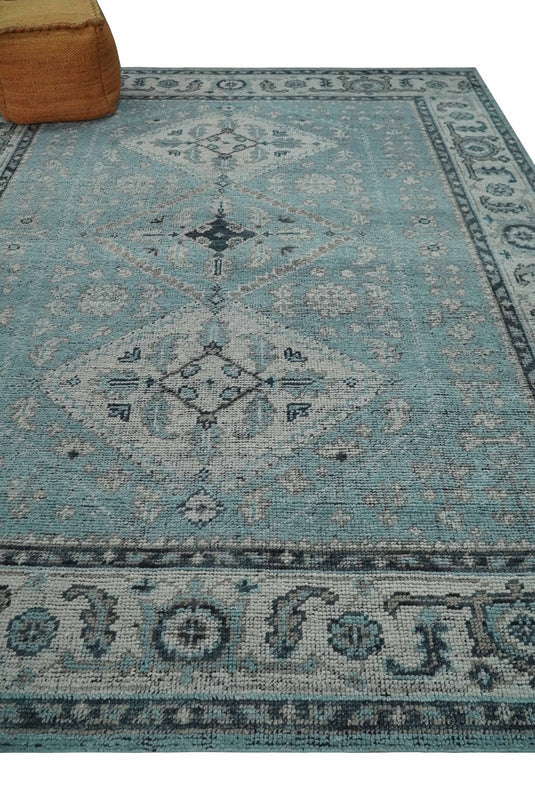 Traditional Antique Tribal Pattern Gray And Blue Hand Knotted 8x10 ft Bedroom, Living Room Rug Wool Area Rug