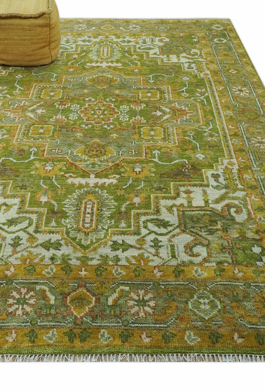 Green, Gold And Silver Hand Knotted Traditional Heriz Wool Rug 8x10 ft Ideal for Living, Bedroom And Dining Rooms