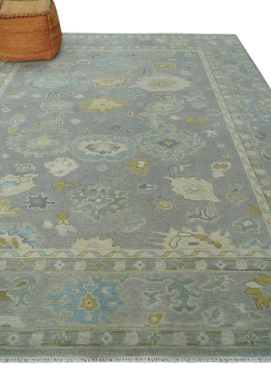 Custom Made Hand Knotted Oriental Oushak Gray, Olive And Ivory Wool Area Rug