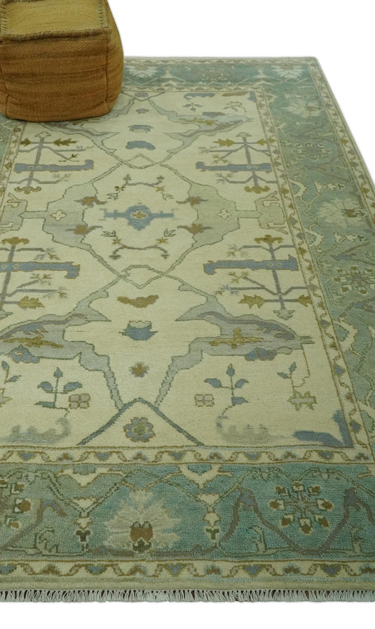 Custom Made Hand Knotted Sage Green, Beige, Gray And Green Oriental Oushak Wool Area Rug