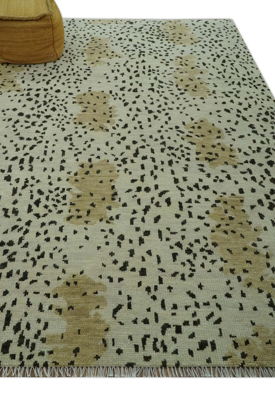 Leopard Print Ivory, Olive And Charcoal Hand Knotted 8x10 ft Wool Rug Ideal for Living, Bedroom And Dining Rooms