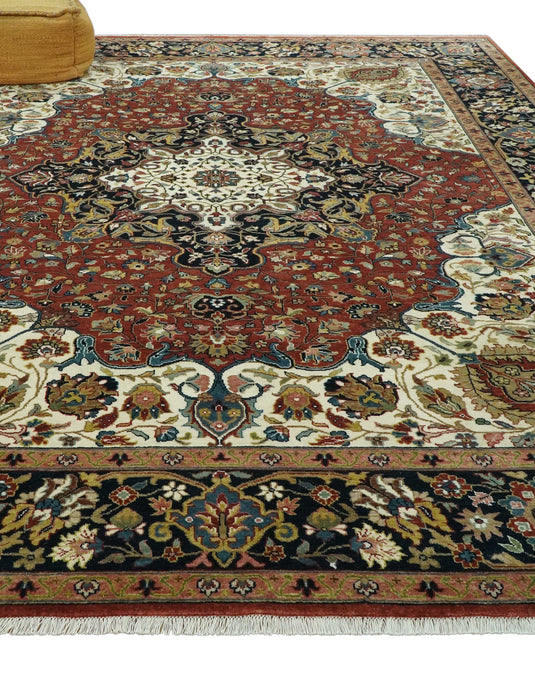 Ivory, Maroon And Black Traditional Serapi Hand Knotted Wool Rug 9x12 ft Ideal for Living, Bedroom And Dining Rooms | CP1829912